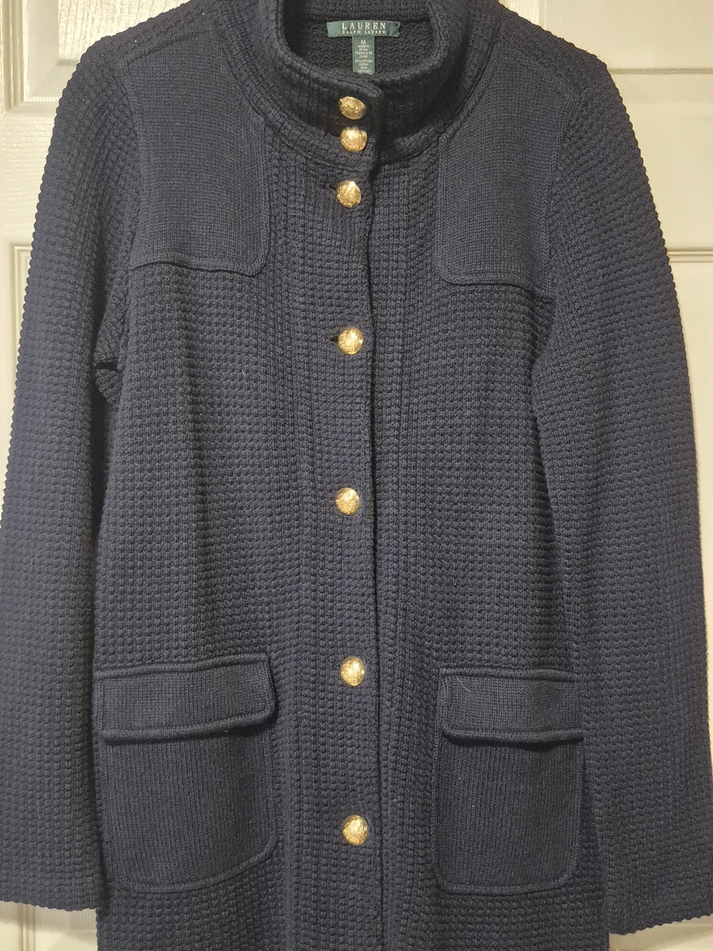 Lauren Ralph Lauren Navy Textured Knit Pea Coat with Gold Buttons